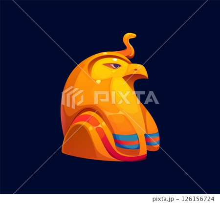 Ancient golden hawk statue Egypt game icon, Egyptian treasure asset. Cartoon vector gold bird head with snake on head and decorative stripes. Gui item for history games, mythology or treasure hunts Ancient golden hawk statue Egypt game icon, Egyptian treasure asset. Cartoon vector gold bird head with snake on head and decorative stripes. Gui item for history games, mythology or treasure hunts 126156724