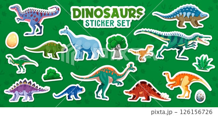 Prehistoric dinosaurs stickers with Jurassic lizards and funny dino characters, cartoon vector icons. Jurassic era dinosaurs and dino eggs for kids paleontology game or prehistoric lizards toys 126156726