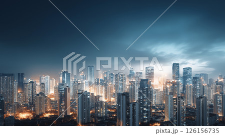 夜景に浮かび上がる高層ビル群と輝く都市の光 夜景に浮かび上がる高層ビル群と輝く都市の光 126156735