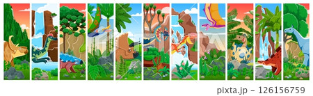 Prehistoric dinosaur characters collage. Paleontology animals vector banner or collage with pachyrhinosaurus, triceratops, ankylosaurus and quetzalcoatlus, dimorphodon, dilophosaur cartoon personages Prehistoric dinosaur characters collage. Paleontology animals vector banner or collage with pachyrhinosaurus, triceratops, ankylosaurus and quetzalcoatlus, dimorphodon, dilophosaur cartoon personages 126156759
