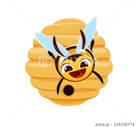 Cartoon honey bee character. Vector cheerful bee personage with blue wings playfully emerges from a golden beehive. Funny insect with expressive face happily buzzing, conveys happiness and energy Cartoon honey bee character. Vector cheerful bee personage with blue wings playfully emerges from a golden beehive. Funny insect with expressive face happily buzzing, conveys happiness and energy 126156774
