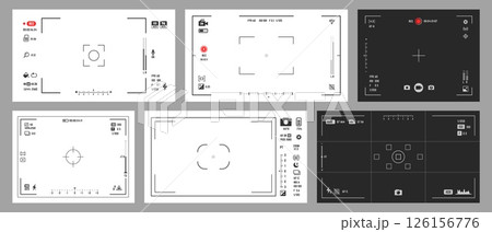 Photo and video camera viewfinder display screen frames set. Vector camera UI digital overlays with focus indicators, recording timers, battery levels, ISO, and zoom icons in white and black colors Photo and video camera viewfinder display screen frames set. Vector camera UI digital overlays with focus indicators, recording timers, battery levels, ISO, and zoom icons in white and black colors 126156776