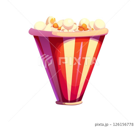 Cartoon circus font letter V stylized as a popcorn bucket with striped pattern in red and white and filled with fluffy white popcorn seeds. Vector retro carnival typeface, entertainment kids type Cartoon circus font letter V stylized as a popcorn bucket with striped pattern in red and white and filled with fluffy white popcorn seeds. Vector retro carnival typeface, entertainment kids type 126156778