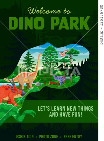 Dino park poster with T Rex silhouette and cartoon dinosaurs in Jurassic forest, cartoon vector. Kids dino amusement park or prehistoric lizard tyrannosaurus museum and reptiles exhibition poster Dino park poster with T Rex silhouette and cartoon dinosaurs in Jurassic forest, cartoon vector. Kids dino amusement park or prehistoric lizard tyrannosaurus museum and reptiles exhibition poster 126156780