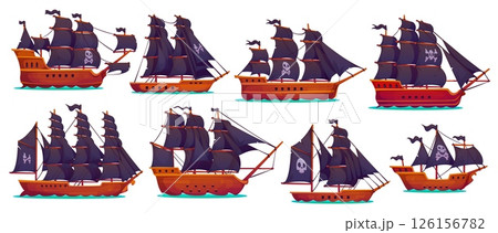 Pirate sail ships and boats, vector game UI assets set. Cartoon pirate corsair sailing ships, old wooden boats, vintage barques, schooners and caravels with skull and crossbones flags, black sails 126156782