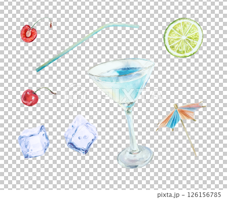 Cocktail set. Glass goblet, ice cubes, lime, umbrella, straw, cherry. Hand drawn watercolor illustration isolated on white. For menu design, bar card, postcards, invitations, banners, posters. 126156785