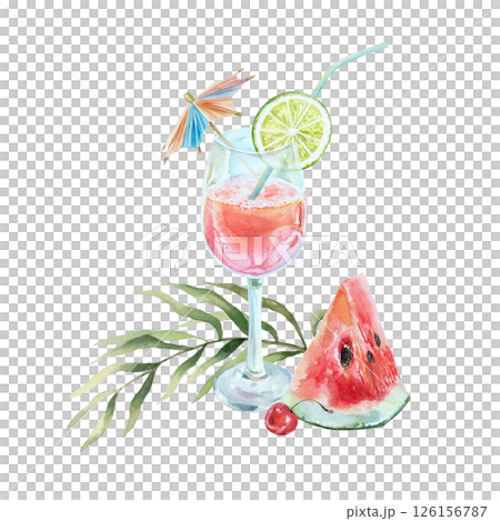 Pink cocktail in glass goblet with lime wedge, straw, watermelon slice, palm leaf. Hand drawn watercolor illustration isolated. Postcards, invitations, summer and tropical banners, posters, bar card. 126156787