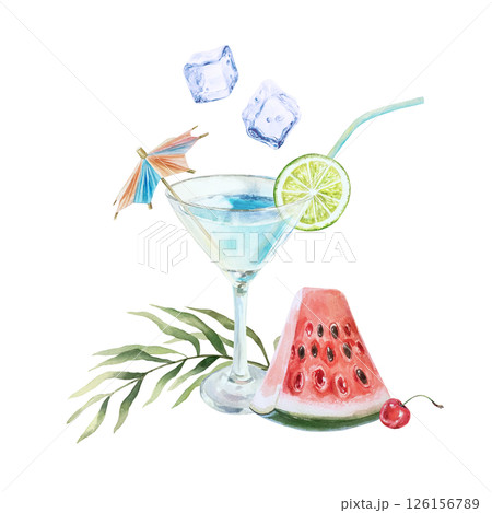 Blue cocktail in glass goblet with straw, ice cubes, lime, watermelon slice, palm leaf. Hand drawn watercolor illustration isolated. For postcards, invitations, menu design, summer banners, posters. 126156789