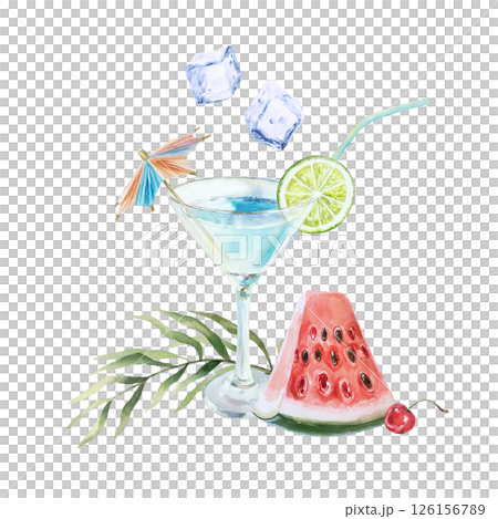 Blue cocktail in glass goblet with straw, ice cubes, lime, watermelon slice, palm leaf. Hand drawn watercolor illustration isolated. For postcards, invitations, menu design, summer banners, posters. 126156789