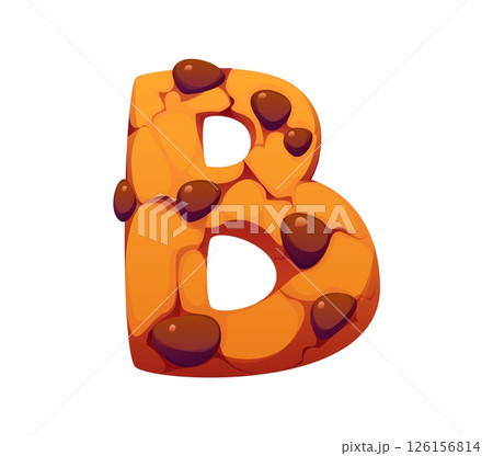 Font or sweet candy type and cartoon dessert letter B as chocolate cookie, vector bakery typeface. Sweet dessert font of choco biscuit with chocolate drops for English alphabet of pastry dessert 126156814