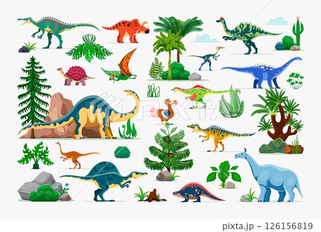 Prehistoric dinosaur characters with jungle forest trees and plants, vector set. Cartoon jurassic dino reptiles, suchomimus, melanorosaurus and raphus. Extinct hypacrosaurus and tapejara dinosaurs 126156819