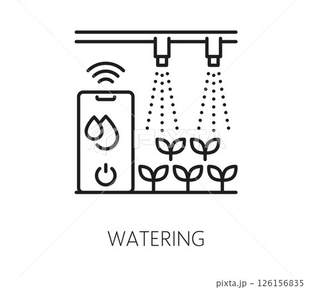 Smart watering icon, robot farm, sustainable agriculture farming technology. Vector linear sign showing automated watering system with mobile control. Irrigation management, precision hydration app Smart watering icon, robot farm, sustainable agriculture farming technology. Vector linear sign showing automated watering system with mobile control. Irrigation management, precision hydration app 126156835