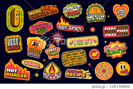 Fast food funky y2k stickers, groovy takeaway meal patch labels. Vector trendy y2k hot dog, taco and coffee badges of fastfood restaurant. Street food meal and drink retro stickers with groovy stars 126156860