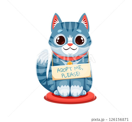 Adopt cat, pets adoption sign, funny kitty kitten with sad muzzle, vector icon. Adopt me please badge with cat kitten with unhappy muzzle face for pets adoption banner or animal shelter poster Adopt cat, pets adoption sign, funny kitty kitten with sad muzzle, vector icon. Adopt me please badge with cat kitten with unhappy muzzle face for pets adoption banner or animal shelter poster 126156871