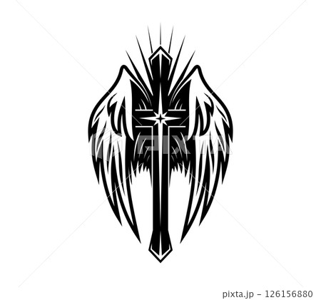Christianity cross tattoo with angel wings and radiant star in the center. Vector black and white Christianity symbol with gothic tribal ornament. Vector religious sign of faith and spirituality Christianity cross tattoo with angel wings and radiant star in the center. Vector black and white Christianity symbol with gothic tribal ornament. Vector religious sign of faith and spirituality 126156880