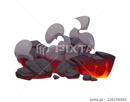 Fire flames on coal, fireplace charcoal, burn ember coal pieces and ash. Cartoon vector glow lava rocks with fiery glow, molten cracks, flames flicker between the stones and thick smoke drifts upward Fire flames on coal, fireplace charcoal, burn ember coal pieces and ash. Cartoon vector glow lava rocks with fiery glow, molten cracks, flames flicker between the stones and thick smoke drifts upward 126156882