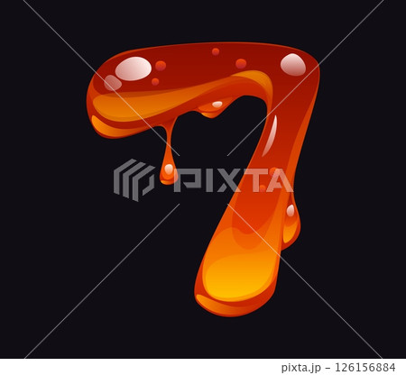 Tasty honey cartoon font digit 7 seven. Tasty honey cartoon math type number, sweet candy vector mathematics typeface numeral symbol. Yellow amber flow alphabet font figure or ABC typeface digit 126156884