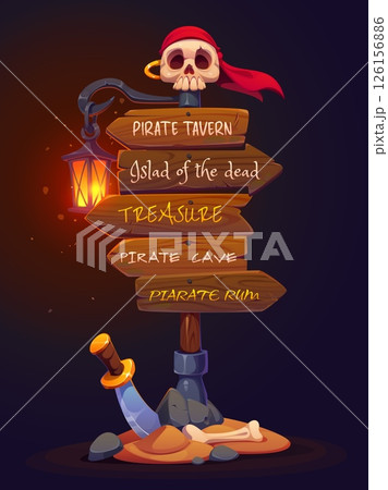 Pirate party sign board, wooden corsair signage with skull wearing bandana and glowing lantern on top. Signboard arrows featuring directions to pirate tavern, island of the dead, treasure, cave or rum 126156886