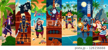 Cartoon pirate and corsair characters collage. Boatswain and skipper, sailor and captain personages on pirate ship and treasure island vector background. Cute corsairs wearing black hats and bandana 126156888