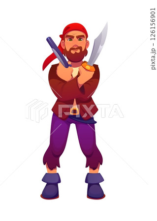 Cartoon pirate corsair character with a red bandana, beard, and fierce expression, crossing a sword and flintlock pistol. Vector sea rover or sailor personage standing confidently ready for fighting Cartoon pirate corsair character with a red bandana, beard, and fierce expression, crossing a sword and flintlock pistol. Vector sea rover or sailor personage standing confidently ready for fighting 126156901