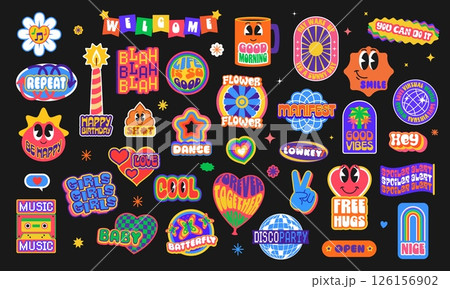 Retro y2k icons and stickers groovy patch labels. Cartoon vector set with positive quotes, cute emoji, hearts, cassette, rainbow, flower, peace hand and disco ball. Fun nostalgic hippie messages Retro y2k icons and stickers groovy patch labels. Cartoon vector set with positive quotes, cute emoji, hearts, cassette, rainbow, flower, peace hand and disco ball. Fun nostalgic hippie messages 126156902
