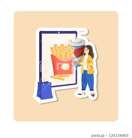 Woman ordering fast food online using smartphone app on huge tablet screen 126156905