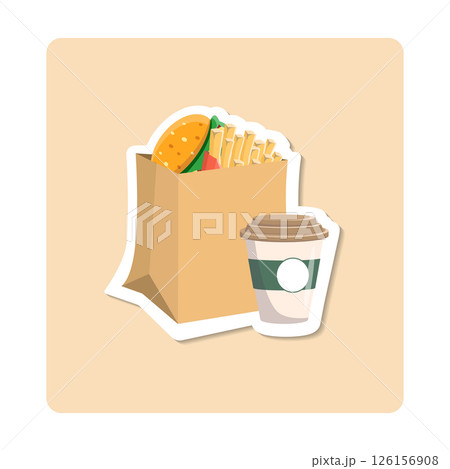 Paper bag full of fast food takeaway with hamburger and french fries is standing on table with coffee cup Paper bag full of fast food takeaway with hamburger and french fries is standing on table with coffee cup 126156908