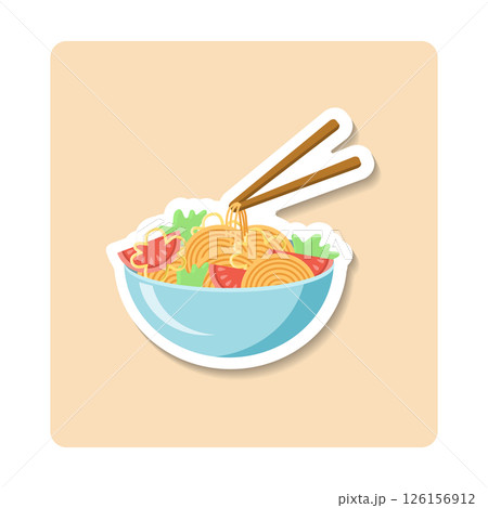 Chopsticks picking up noodles from bowl of ramen with vegetables 126156912