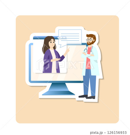 Doctor explaining diagnosis to patient through video call on computer, telemedicine concept 126156933