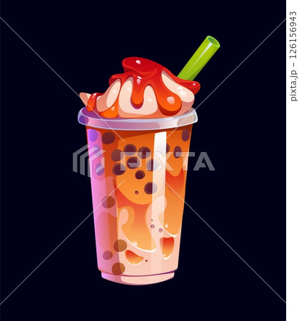 Cartoon milk bubble tea glass with creamy topping. Vector sweet beverage with black tapioca pearls and green straw. Asian beverage in transparent takeaway cup with layered texture and whipped cream 126156943