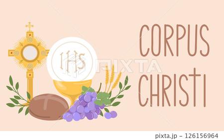 Corpus Christi banner. Chalice and host with wheat ears wreath and grapes. 126156964