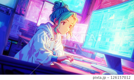 画面を見つめるパーカー姿の女性エンジニアのイラスト 画面を見つめるパーカー姿の女性エンジニアのイラスト 126157012