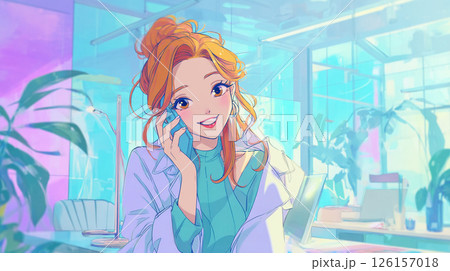 オフィスで電話をする笑顔の女性キャラクターイラスト 126157018