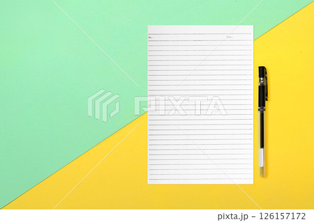 Top view of business letterhead and pen on colored background. Blank paper or sheet. Mockup or copy space for your design Top view of business letterhead and pen on colored background. Blank paper or sheet. Mockup or copy space for your design 126157172