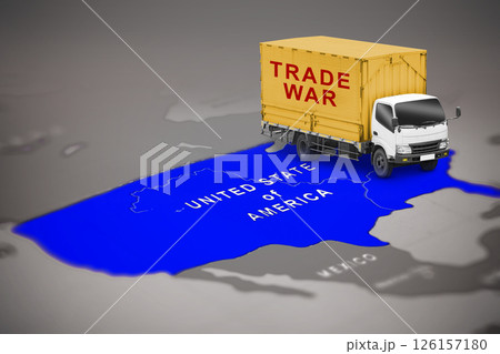 Blue map of the USA or the United States of America with a trade war on the cargo truck in the world map. Concept of the United States of America versus China trade war disputes or economic conflict Blue map of the USA or the United States of America with a trade war on the cargo truck in the world map. Concept of the United States of America versus China trade war disputes or economic conflict 126157180