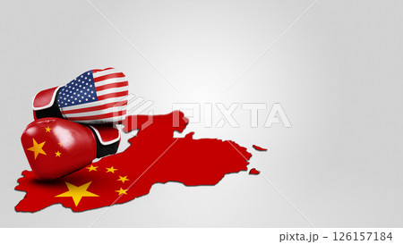 USA or United States of America and China flag painted on two boxing gloves with China map on white background. Concept of United States of America versus China trade war disputes or economic conflict 126157184