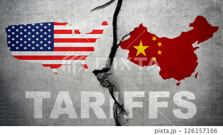 Flags of the USA or the United States of America and China on the cracked wall background. Concept of the United States of America versus China trade war disputes or economic conflict 126157186