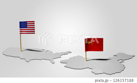 Flags of the USA or the United States of America and China on their maps with a white background. Concept of the United States of America versus China trade war disputes or economic conflict 126157188