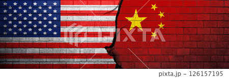 Flags of the USA or the United States of America and China on the cracked wall background. Concept of the United States of America versus China trade war disputes or economic conflict 126157195
