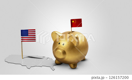 Piggybank with the China flag and USA flag on the map with a white background. Concept of the United States of America versus China trade war disputes or economic conflict 126157200