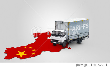 Cargo truck with text of tariffs on a red China map with a white background. Concept of the United States of America versus China trade war disputes or economic conflict Cargo truck with text of tariffs on a red China map with a white background. Concept of the United States of America versus China trade war disputes or economic conflict 126157201
