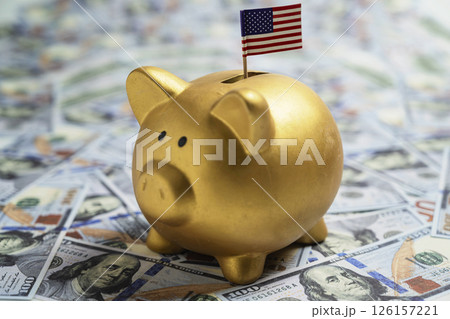 Piggybank with the USA or United States of America flag on dollar banknotes. Concept of economy, financial or government 126157221