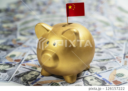 Piggybank with the China flag on dollar banknotes. Concept of economy, financial or government 126157222