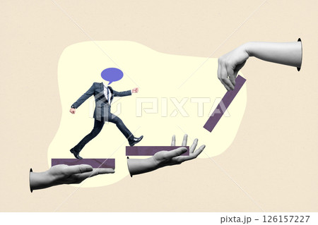 Human hand holding a step for a businessman with a speech bubble walking on it with a colored background. Concept of business strategy. Collage art Human hand holding a step for a businessman with a speech bubble walking on it with a colored background. Concept of business strategy. Collage art 126157227