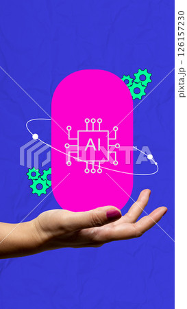 Human hand showing an AI symbol on his hand with a colored background. Concept of AI or Artificial Intelligence. Collage art 126157230