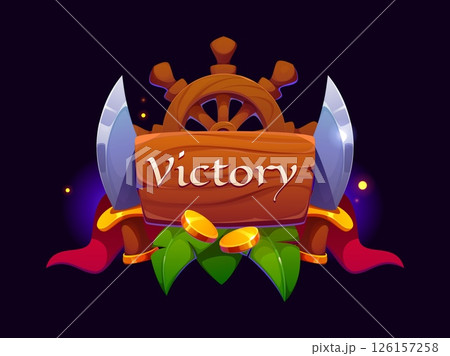 Pirate game victory award icon, ui asset. Vector wooden plaque, shiny pirate cutlasses, golden coins, tropical leaves, ship steering wheel and flowing red ribbons, symbolizing swashbuckling triumph 126157258