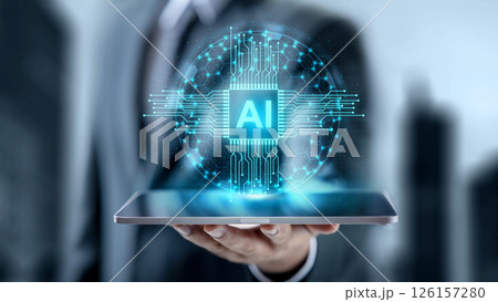 Businessman holding tablet while showing AI symbol on the screen. Technology innovation on the virtual screen. Concept of AI or Artificial Intelligence Businessman holding tablet while showing AI symbol on the screen. Technology innovation on the virtual screen. Concept of AI or Artificial Intelligence 126157280