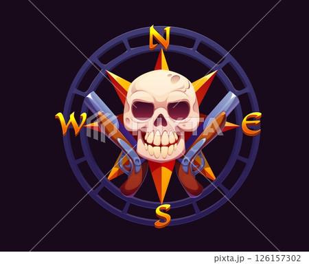 Heraldic compass with pirate skull and guns. Cartoon vector mysterious emblem featuring a menacing skull at its center, flanked by two flintlock pistols inside of compass rose with cardinal directions 126157302