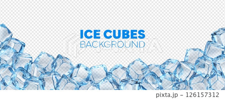 Realistic ice cubes frame background, crystal ice blocks. Isolated 3d vector template of horizontal border with blue transparent frozen water, glass or icy solid pieces row, for chilly drink ads promo 126157312