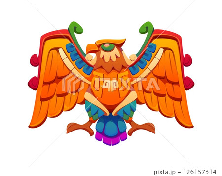 Eagle Aztec Inca Maya Mexican game icon asset. Cartoon vector Mesoamerican mythology bird symbol with outstretched wings, tribal engravings, and vibrant ornamental feathers. Cultural motif, native art 126157314